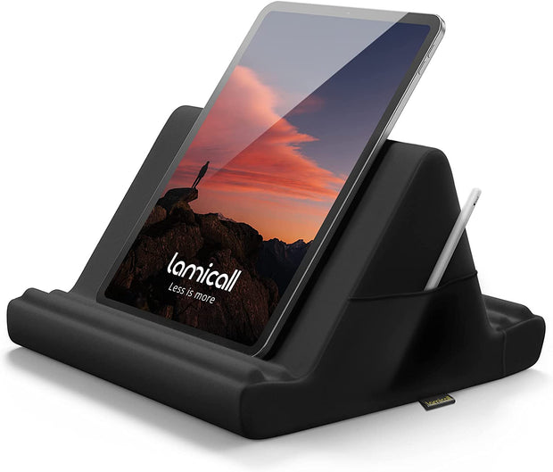 Tablet Pillow Holder Stand - Tablet Pillow Soft Pad Dock for Lap, Bed and Desk with Pocket & 4 Viewing Angles, for 2022 Ipad Pro 11, 12.9, Air, Mini, Kindle, 4-13" Phone and Tablet, Black