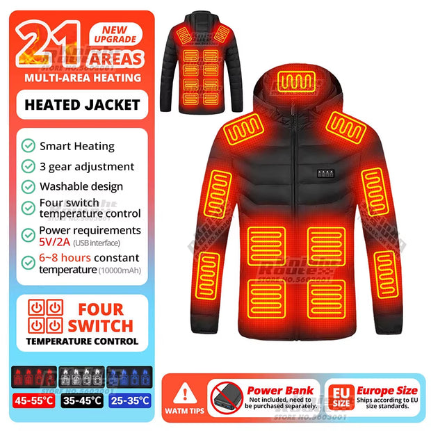 21 Areas Heated Jacket Winter Men'S Women'S Motorcycle Jacket USB Electric Heating Jacket Heated Vest Moto Thermal Clothing Coat